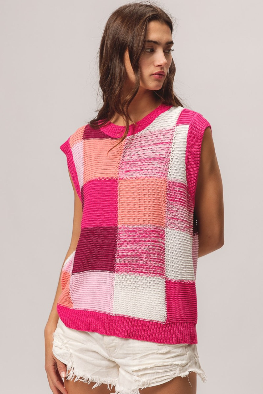 BiBi Color Block Round Neck Sweater Vest BiBi Color Block Round Neck Sweater Vest